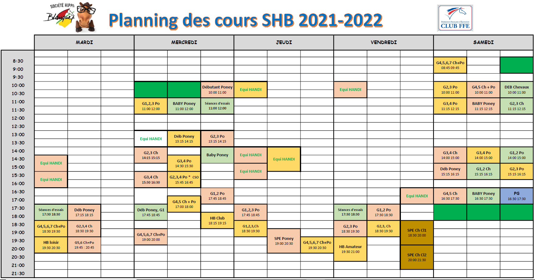 Planning Des Cours 2021 2022 SociÉtÉ Hippique De Blanquefort